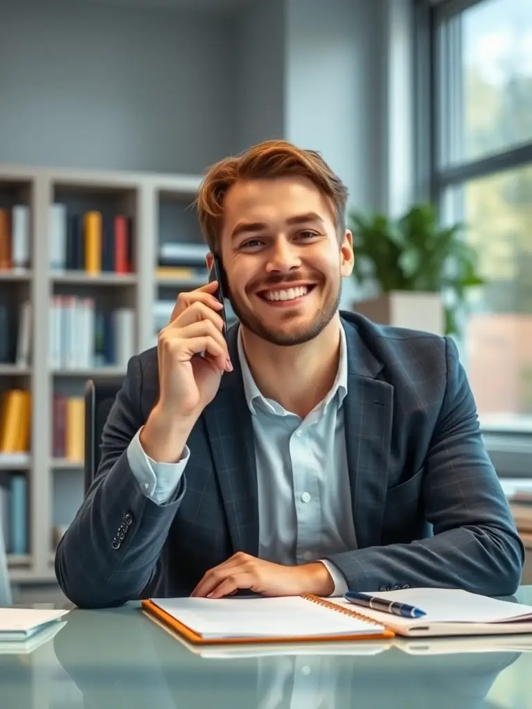 A photo of Garrett sitting at a desk, talking on the phone with a client, with a friendly and supportive demeanor.