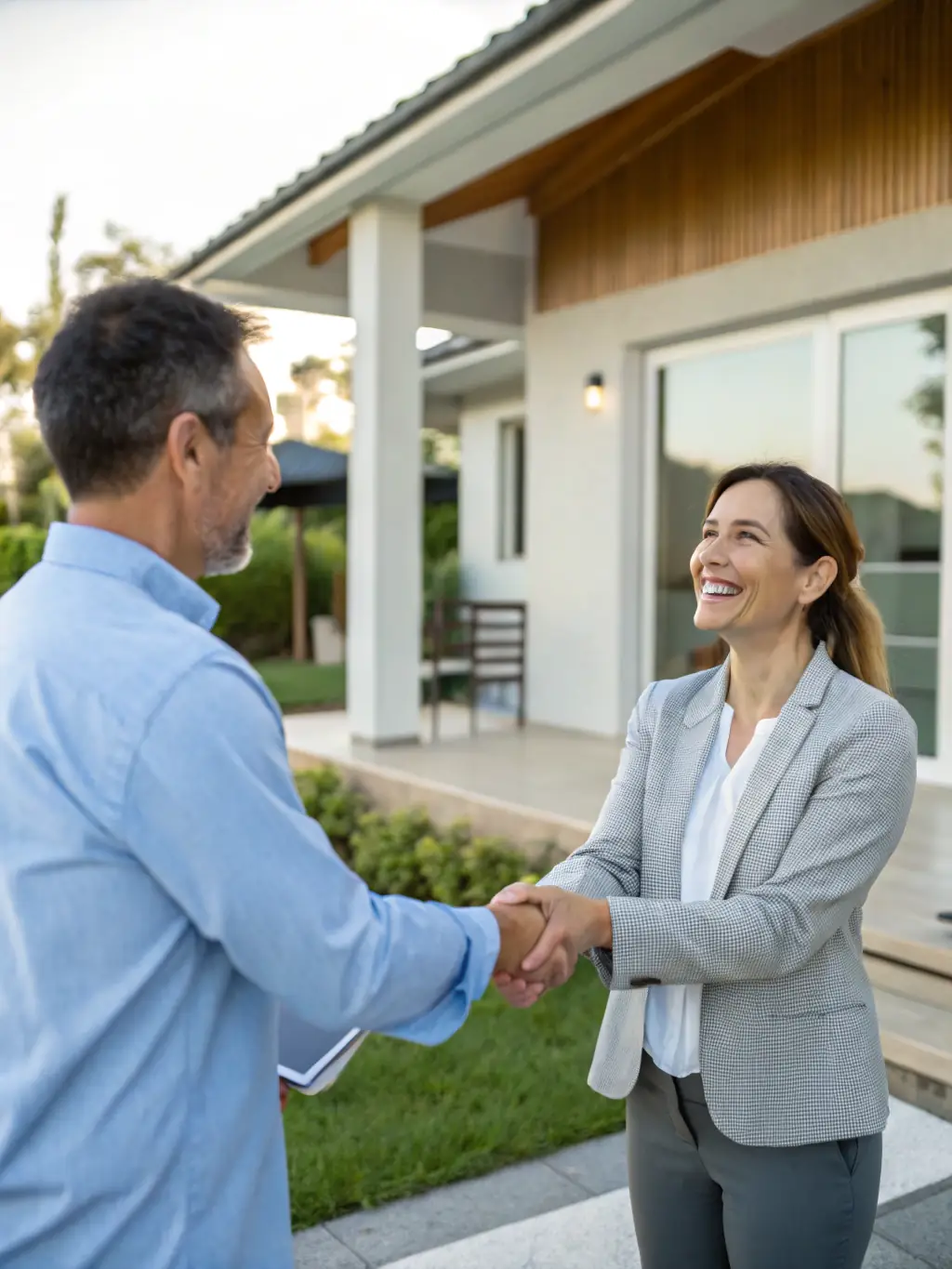 A photo of Garrett, the real estate agent, shaking hands with a satisfied client in front of a sold home. Both are smiling and appear genuinely happy.