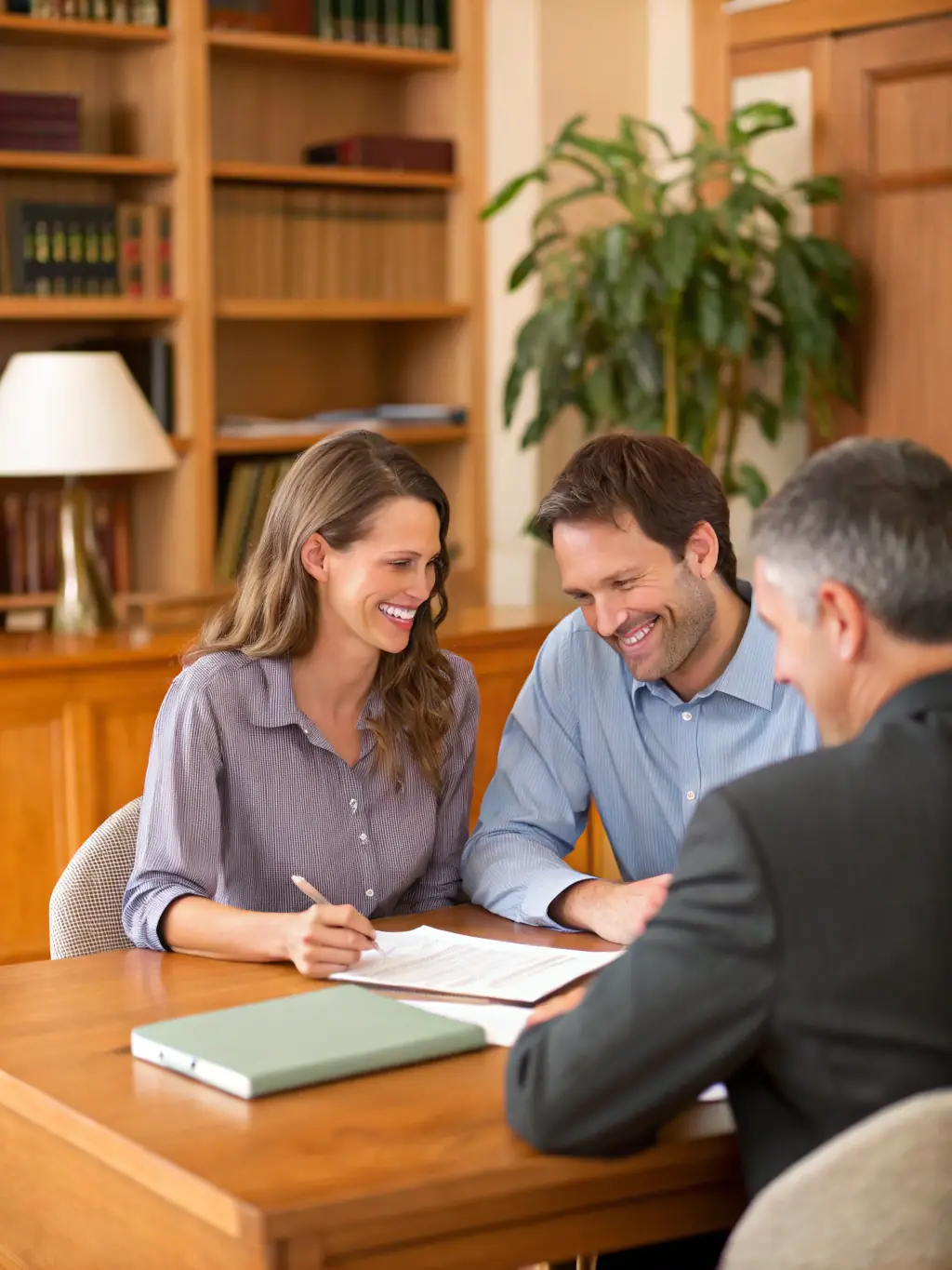 Garrett sitting across from a young couple at a table, reviewing financial documents and providing personalized advice on budgeting for a home purchase.
