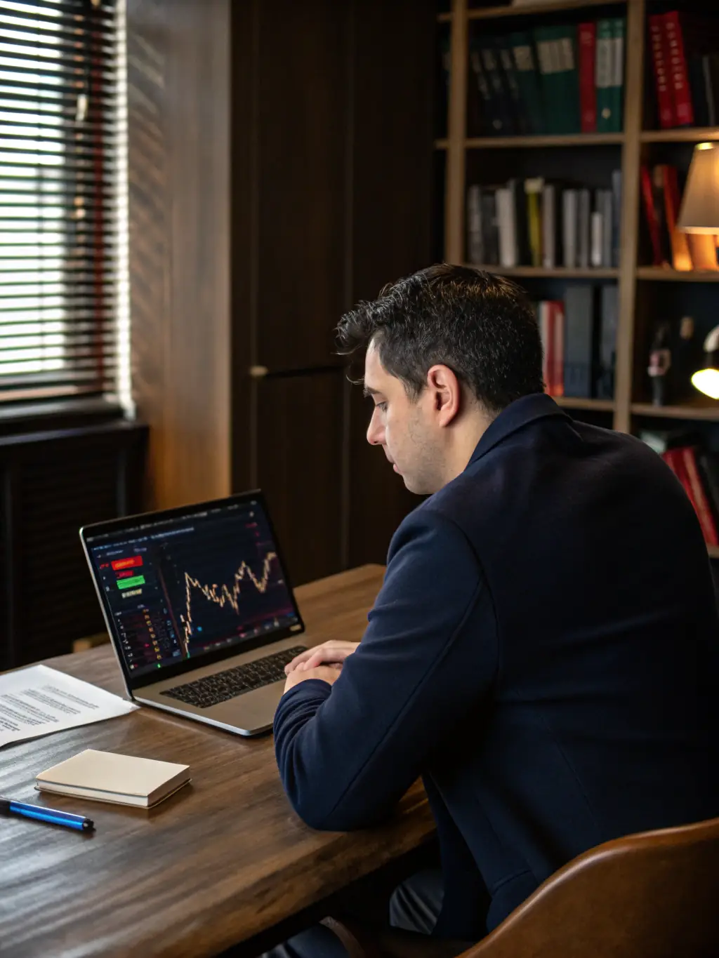 A photo of Garrett reviewing property data and market trends on a laptop, with a focused and professional expression.