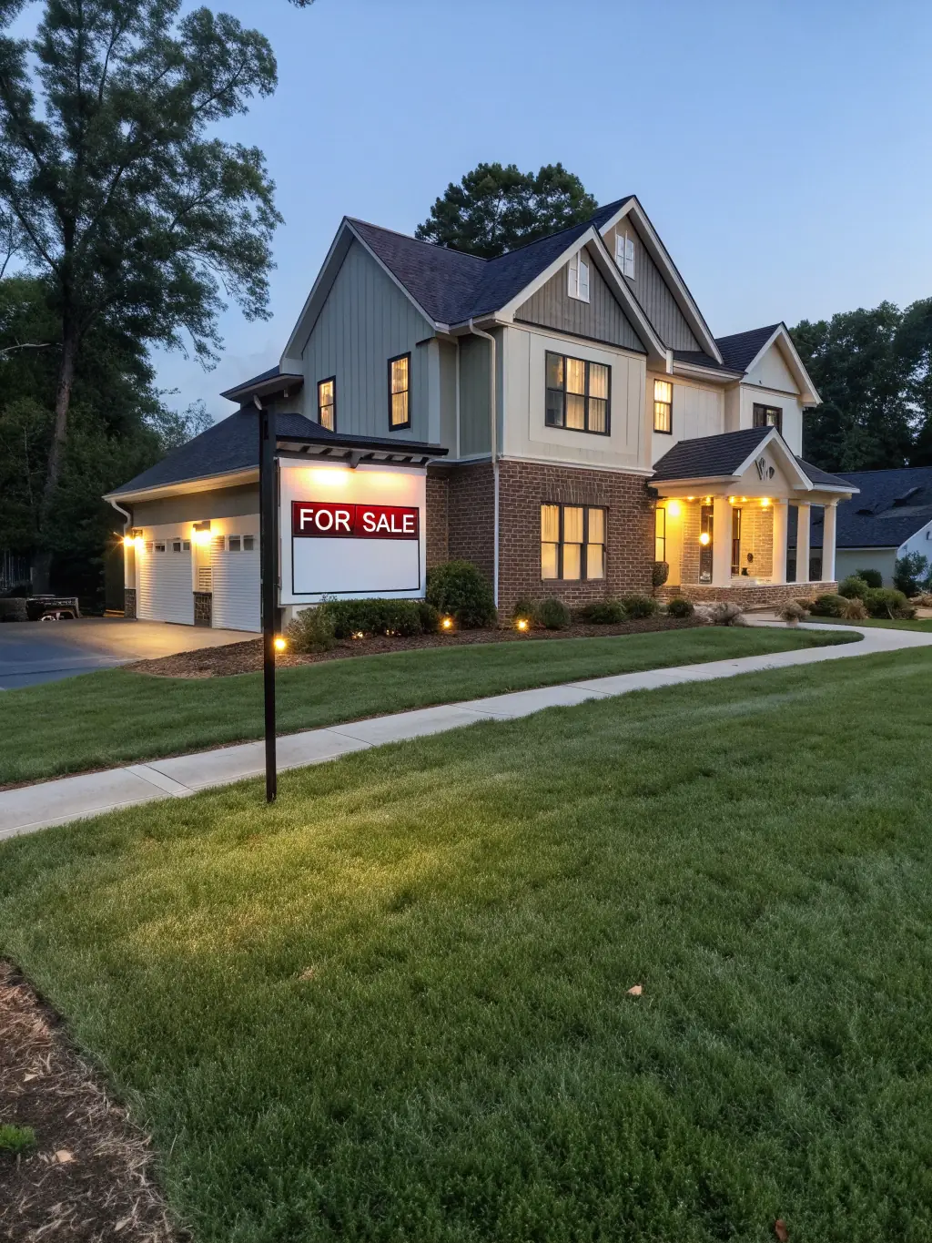 A high-quality photo of a 'For Sale' sign in front of a well-maintained, attractive house in a suburban neighborhood in Oklahoma City, under a sunny sky. The sign clearly displays 'Homes by Garrett'.
