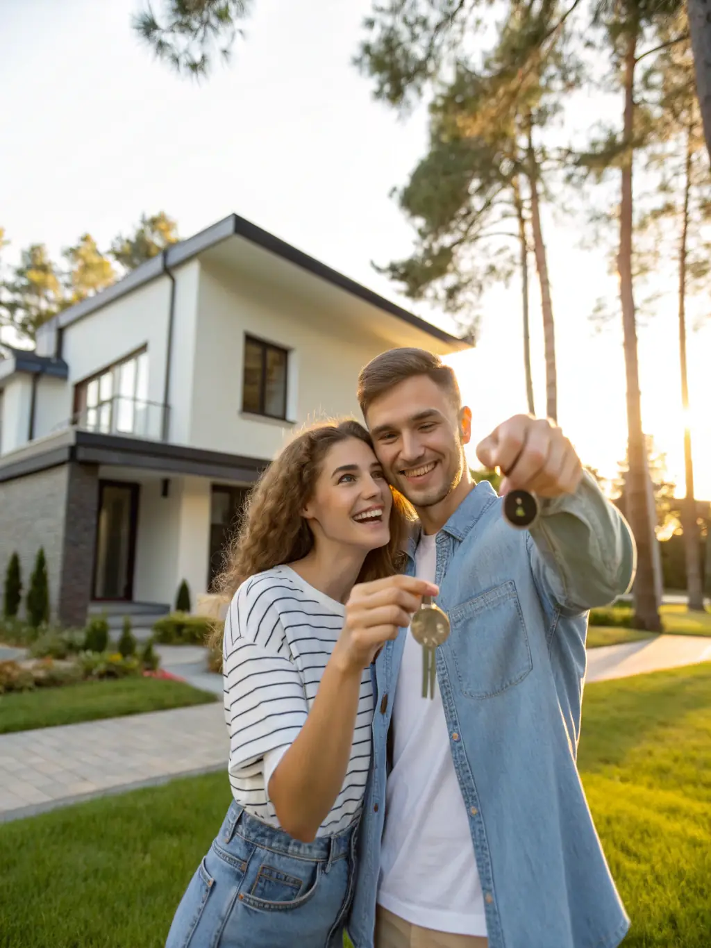 Garrett handing over the keys to a smiling first-time homebuyer in front of their new home, symbolizing the successful completion of the buying process.