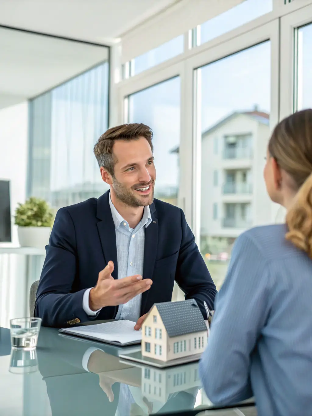 A photo of Garrett explaining a complex real estate document to a young couple, highlighting his patient and clear communication style.